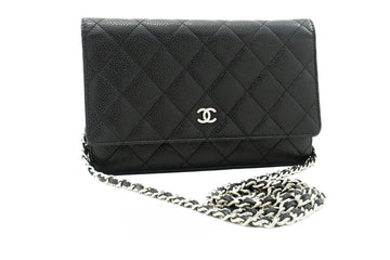 CHANEL Leather Wallet On Chain WOC Black Shoulder Bag Crossbody k38