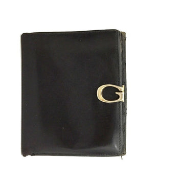 Gucci, black glossy leather, bi-fold style, rectangular, wallet with multiple pockets, tons of card slots, and a gold, hinged G clasp