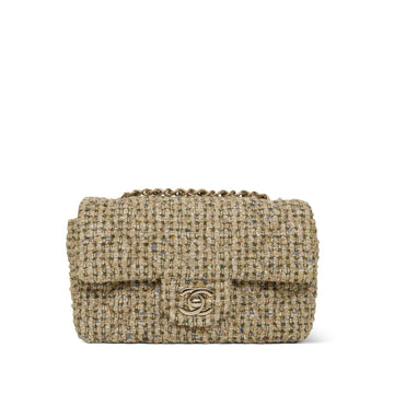 21A Beige Gold Tweed Quilted Mini Rectangular Flap LGHW