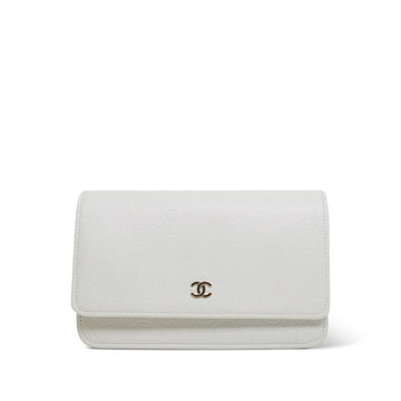 White leather Quilted Camellia Embossed Wallet on Chain LGHW