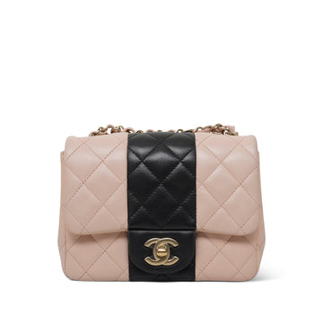 Light Beige/Black Bi-Color leather Quilted Mini Square Flap Light Gold Hardware
