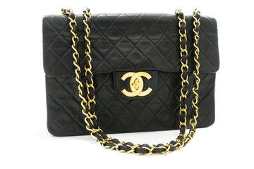 CHANEL Classic Large 13" Flap Chain Shoulder Bag Black Leather j58
