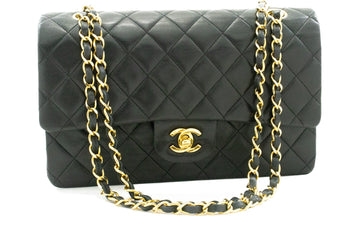 CHANEL Classic Double Flap 10" Chain Shoulder Bag Black Leather k62