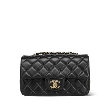 25C Black leather Quilted Mini Rectangular Flap Light Gold Hardware