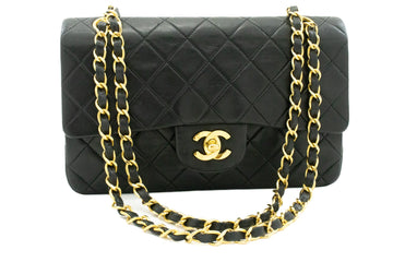 CHANEL Classic Double Flap 9" Chain Shoulder Bag Black Leather k51