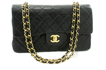 CHANEL Classic Double Flap 10" Chain Shoulder Bag Black Leather k60