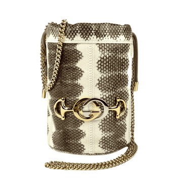 Gucci Zumi White/Gray Snakeskin Drawstring Bucket Mini Chain Bag