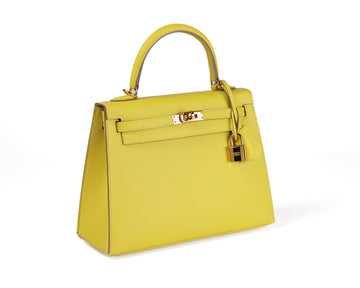 Hermes 25cm Lime Yellow Leather Sellier Kelly w/ Gold Hardware