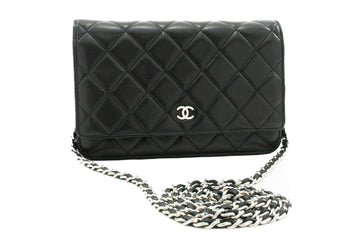 CHANEL Black Classic Wallet On Chain WOC Shoulder Bag Leather SV k52