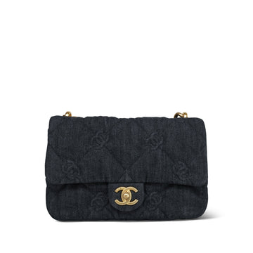 22S Black Denim CC Quilted Funky Town Flap Aged Gold Hardware