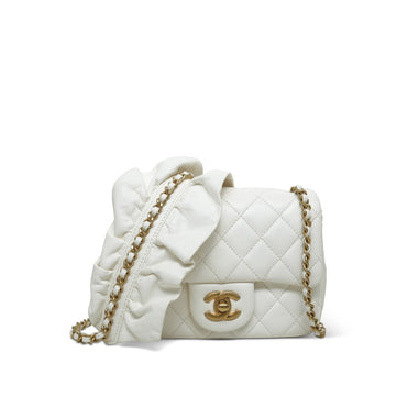 20K White leather Quilted Mini Square Romance Flap Bag AGHW