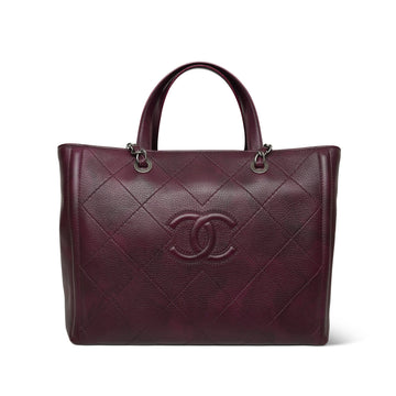 Burgundy Marbled Grained leather Quilted Shopping Tote Ruthenium Hardware