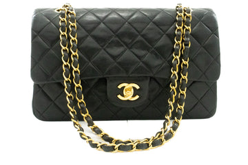 CHANEL Classic Double Flap 10" Chain Shoulder Bag Black Leather k49