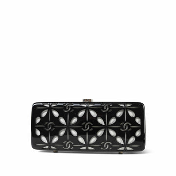 Black White CC Acrylic Minaudiere Box Clutch On Chain Silver Hardware