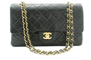 CHANEL Classic Double Flap 10" Chain Shoulder Bag Black Leather k66