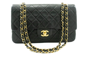 CHANEL Classic Double Flap 10" Chain Shoulder Bag Black Leather k63