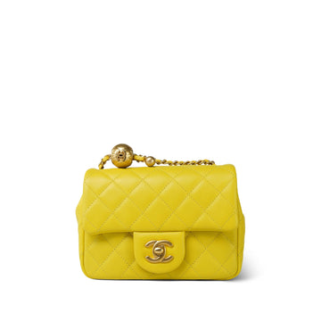 23C Yellow leather Quilted Pearl Crush Mini Square Flap Aged Gold Hardware
