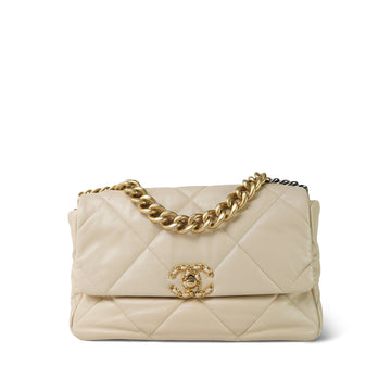 Light Beige Goatskin Quilted Large 19 Flap Mixed Hardware