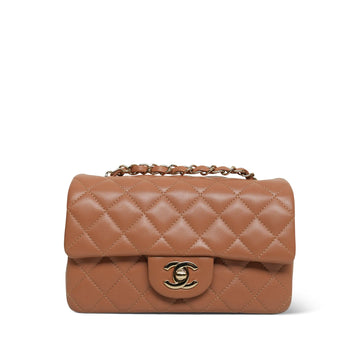 21P Caramel leather Quilted Mini Rectangular Flap Light Gold Hardware