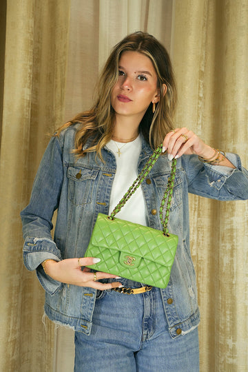 23C Green leather Quilted Classic Flap Small Light Gold Hardware