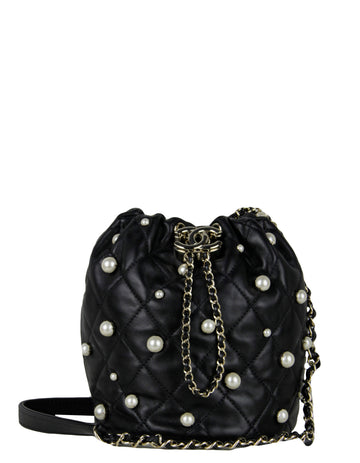 Chanel Black Leather Pearl Bucket Bag