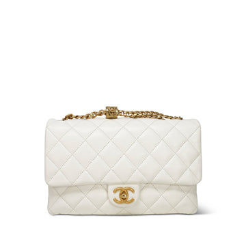 23B White leather Quilted Pillow Crush Single Flap Aged Gold Hardware