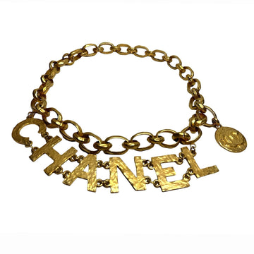 Chanel 1993  Gold Tone Hammered Metal Chain Letters Belt