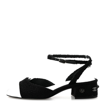 Tweed Iridescent Calfskin Cap Toe CC Slingback Pumps 37 Black Silver