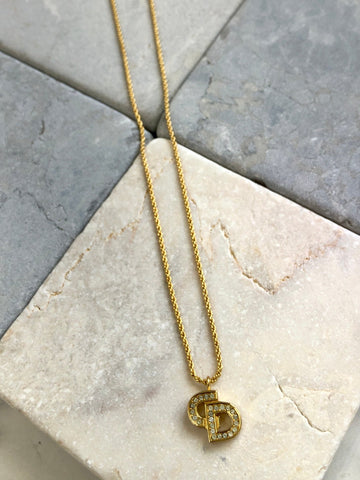 Christian Dior CD Logo Rhinestone Necklace Gold Vintage hk42f6