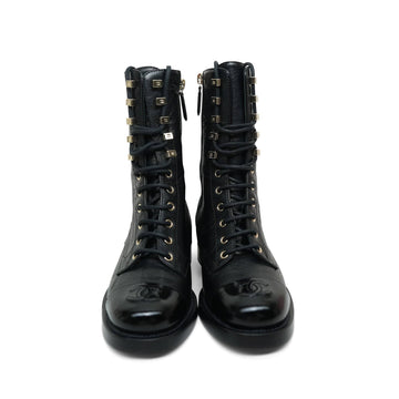 21P Black Crumpled leather & Shiny leather Lace Up Combat Boots Size 35.5