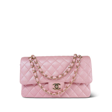 19S Iridescent Pink leather Quilted Medium Classic Flap Light Gold Hardware