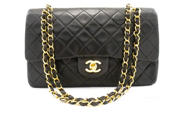 CHANEL Classic Double Flap 10" Chain Shoulder Bag Black Leather k74