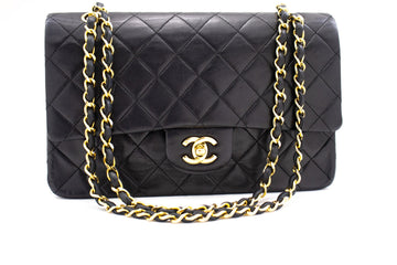 CHANEL Classic Double Flap 10" Chain Shoulder Bag Black Leather k69