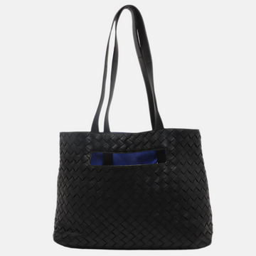Bottega Veneta Slot Tote Black Intrecciato Leather Blue Suede Interior