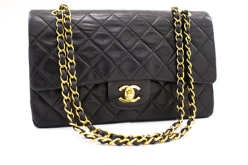 CHANEL Classic Double Flap 10" Chain Shoulder Bag Black Leather k71