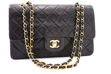CHANEL Classic Double Flap 10" Chain Shoulder Bag Black Leather k72