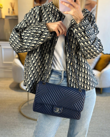 Chanel Navy Jumbo Chevron Quilted Flap Bag in Leather Leather with Gun Metal Silver Hardware