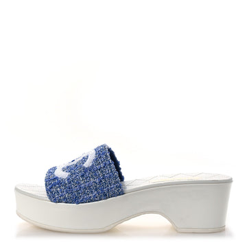 Tweed Sequin  Calfskin CC Mule Sandals 41 Blue White