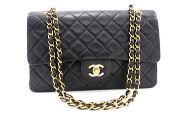 CHANEL Classic Double Flap 10" Chain Shoulder Bag Black Leather k76