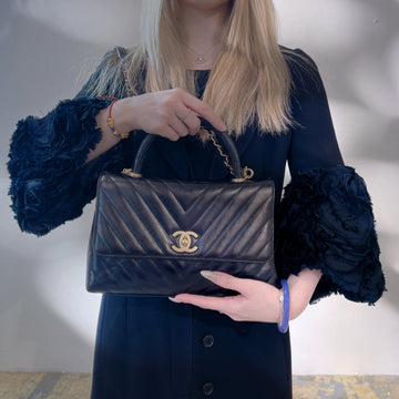Chanel Black Chevron Quilted Leather Leather and Lizard Coco Handle Bag