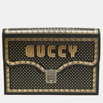 Black/Gold Leather Printed GUCCY Portfolio Clutch