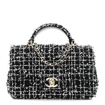 Tweed Quilted Mini Top Handle Rectangular Flap Black White