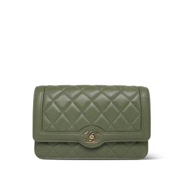 Green leather Quilted Diana Flap Wallet On Chain WOC LGHW