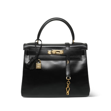 Kelly Retourne 28 Black Box leather  (U) Stamp