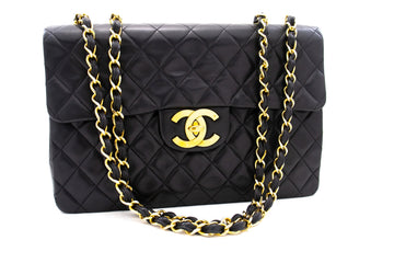 CHANEL Classic Large 13" Flap Chain Shoulder Bag Black Leather j74