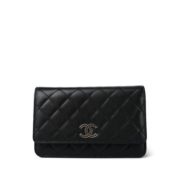 Black leather Quilted Crystal CC Wallet on Chain WOC LGHW