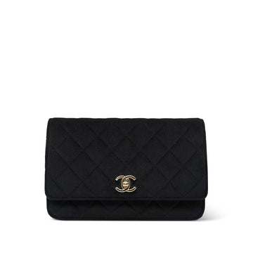 20A Black Velvet Quilted Crystal Pearl Crush Wallet On Chain WOC Light Gold Hardware