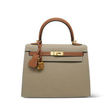 Kelly Sellier 25 Bi-Color Horseshoe (HSS) Trench/Gold Veau leather  D Stamp