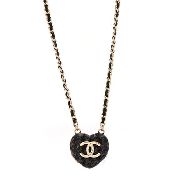 Tweed Lambskin CC Heart Locket Necklace Gold Black Beige