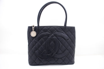CHANEL Silver Medallion Leather Shoulder Bag Shopping Tote Black k56